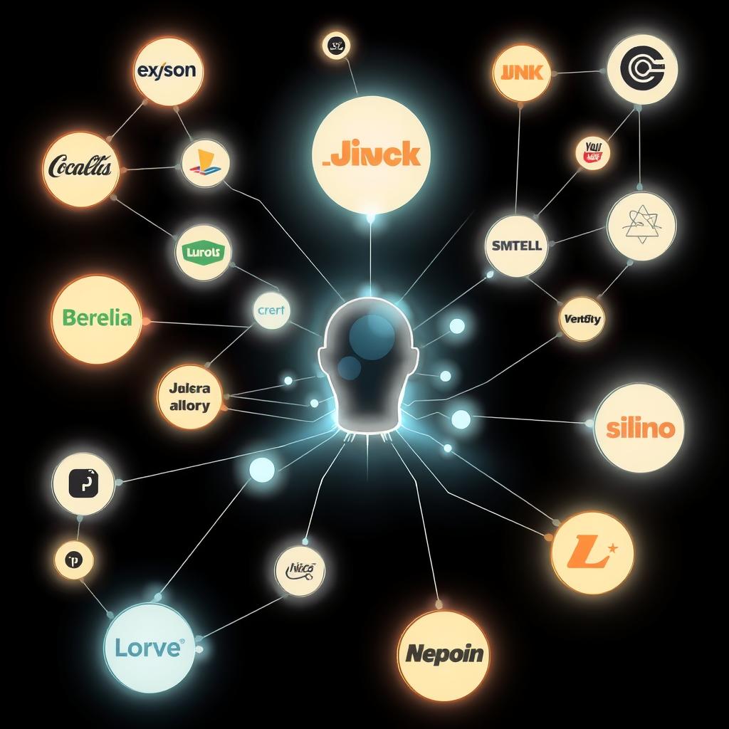 Абстрактная иллюстрация: бренды как светящиеся узлы, выбираемые центральным ИИ.