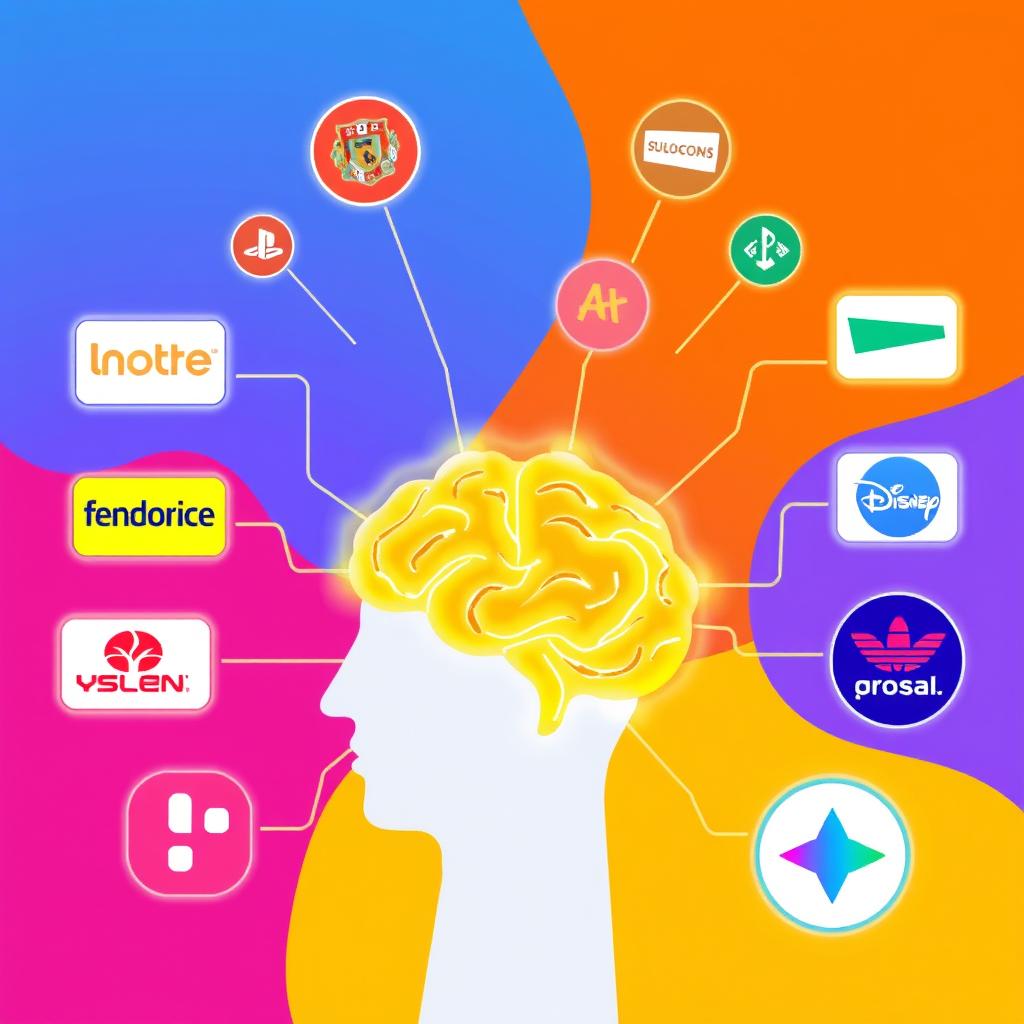 Стилизованный мозг, соединенный светящимися путями с логотипами брендов, символизирует выбор брендов ИИ.